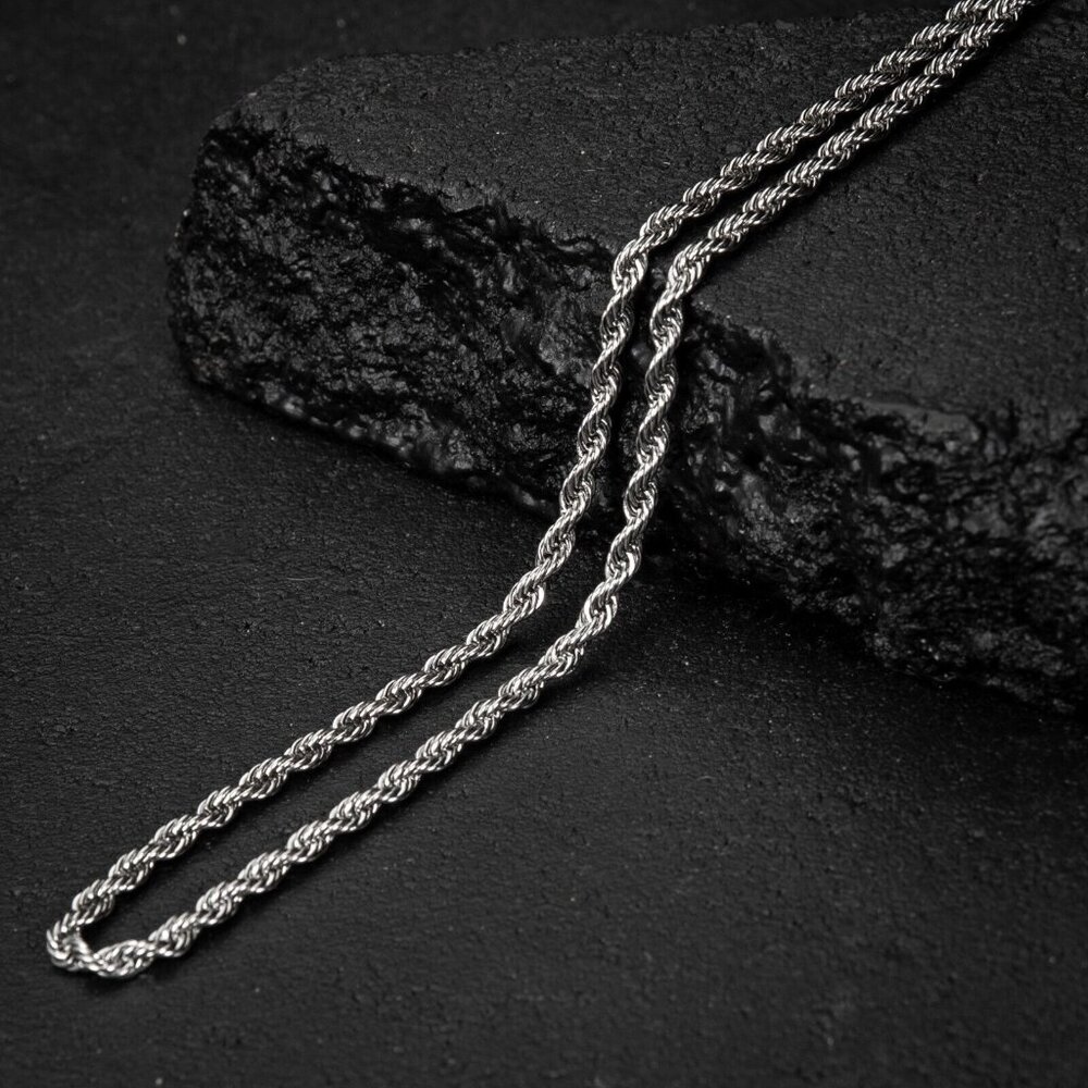 Solid White Gold Plated 316 Stainless Steel 4MM Twist Rope Chain Necklace